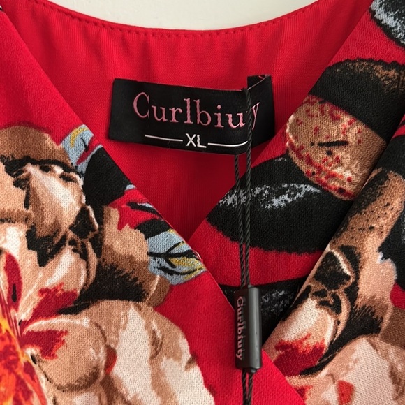 Curlbiuty Red Floral Bodycon Ruched Surplice Neck Knee Length Stretch Dress - Picture 6 of 7